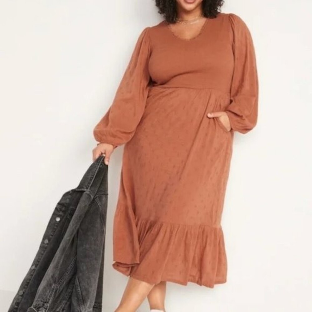 Old Navy Long-Sleeve Fit & Flare Smocked Clip-Dot Midi Dress